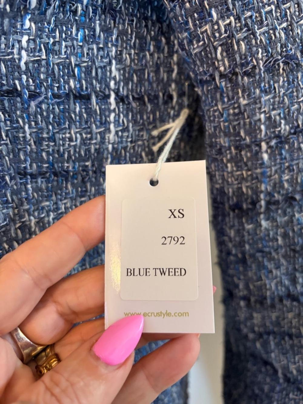 #645 ecru Mixed Media Textured Blue Tweed Collarless Jacket with denim trim - Picture 7 of 12